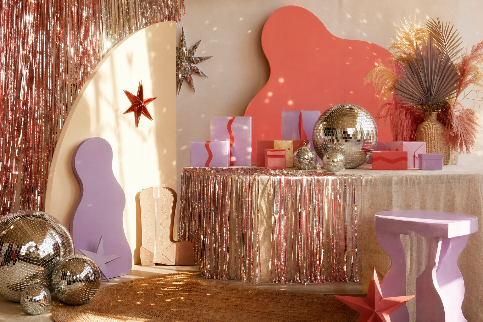 Disco Cowgirl party concept with mirror balls, metallic fringe, stars and colorful decor