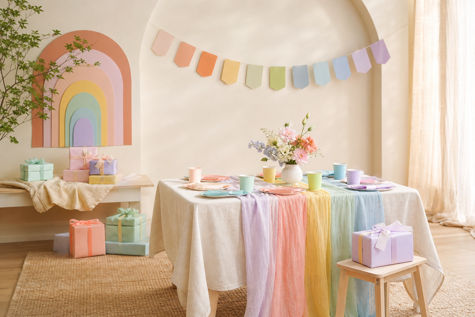 Pastel Rainbow Birthday party concept with coordinated soft-color table styling